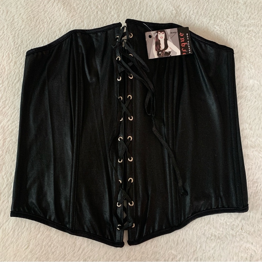 Women’s Large COQUETTE Black Stretchy Lace Up Strapless Zip Back Corset Top NWT